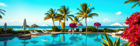 A resort pool with blue water and lounge chairs sits near a sandy beach with palm trees in the tropicsの素材