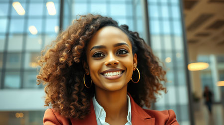 A woman with curly hair smiles in front of a windowの素材