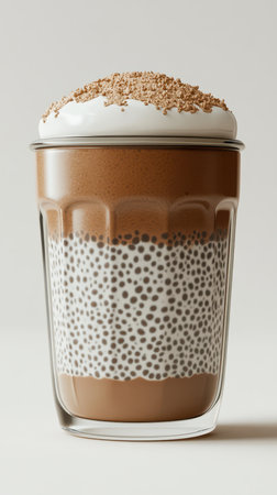 A glass of chocolate chia pudding topped with whipped cream and cocoa powderの素材