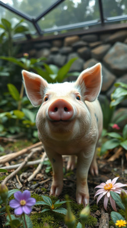 A pink pig looks directly at the camera, standing in a green garden with flowers and rocksの素材
