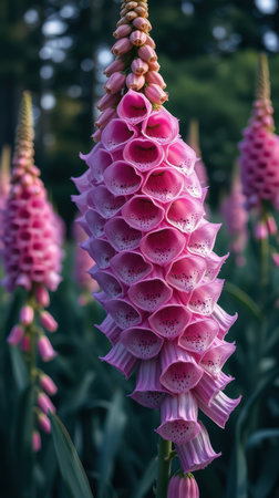 A close-up of pink foxglove flowers blooming in a garden on a summer dayの素材