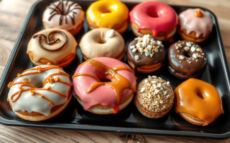 A tray of assorted donuts with various toppings, ready to be eatenの素材
