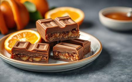 Chocolate bars with orange filling sit on a white plate with a slice of orange in the backgroundの素材
