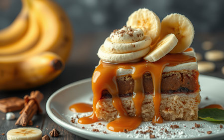 A delicious slice of banana pudding with caramel sauce and whipped cream, topped with banana slicesの素材