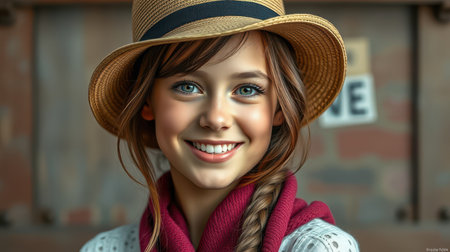 A young woman with brown hair and blue eyes smiles at the camera while wearing a straw hat and red scarfの素材