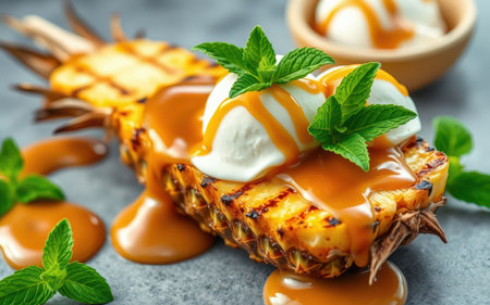 Grilled pineapple topped with vanilla ice cream and drizzled with caramel sauce, garnished with fresh mint leavesの素材
