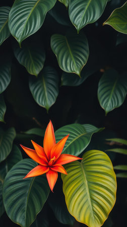 A single orange flower blooms amongst lush green leaves in a tropical gardenの素材