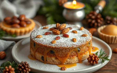 A pecan-topped cake drizzled with caramel and dusted with powdered sugar sits on a plate with sprigs of greeneryの素材
