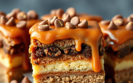 A close-up of a delicious caramel cake topped with chocolate chipsの素材