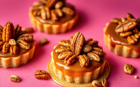 Pecan tarts with caramel drizzle, perfect for a sweet treatの素材