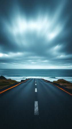A road leads to the ocean on a cloudy dayの素材
