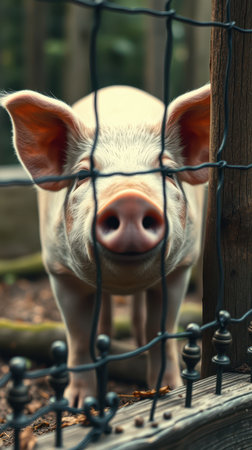 A pig looks through a fence at a farmの素材