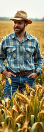 A man wearing a straw hat stands in a field of wheat, looking off to the sideの素材
