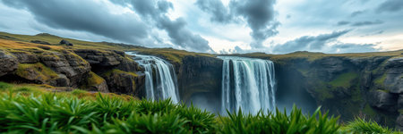 A powerful waterfall cascades over a cliff in a dramatic Icelandic landscape, with a cloudy sky overheadの素材