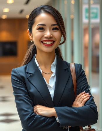 A young woman in a blue suit stands with her arms crossed, smiling at the camera in an office settingの素材