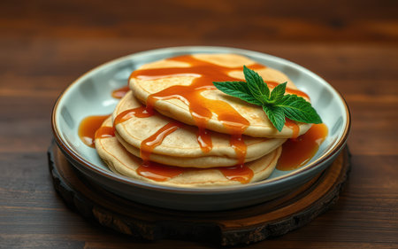A stack of golden pancakes drizzled with caramel syrup and topped with a sprig of mint sits on a plate on a wooden tableの素材