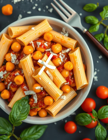 A bowl of pasta with chickpeas, tomato sauce, and feta cheese sits on a dark table surrounded by cherry tomatoes and basilの素材
