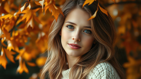 A young woman with long, brown hair smiles gently while standing near a tree with vibrant autumn leavesの素材