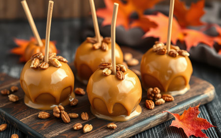Caramel apples topped with pecans on a wooden board, perfect for fall festivitiesの素材