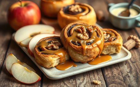 Caramel rolls with walnuts and apple slices on a wooden tableの素材