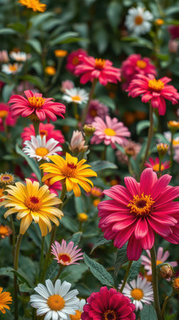 Colorful wildflowers bloom in a lush green gardenの素材