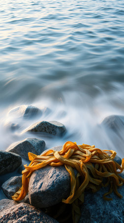 Seaweed lies on rocks by the shore, the water blurring in the backgroundの素材