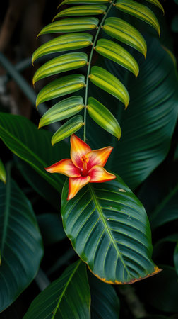 A vibrant orange and red flower blooms against a backdrop of lush green leaves, showcasing the beauty of natures contrastの素材