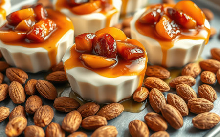 Peach and caramel desserts are surrounded by almondsの素材