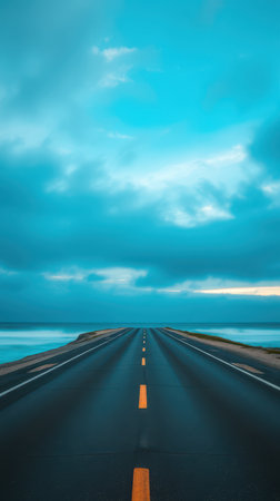 A long, empty road stretches out towards the ocean under a blue sky with white cloudsの素材