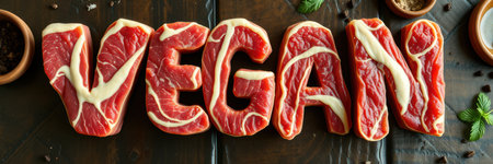 Raw meat arranged to spell the word VEGANの素材