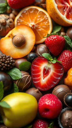 A close-up shot of various fruits and chocolates, including strawberries, oranges, and a yellow fruit, arranged on a dark surfaceの素材