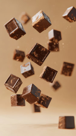 Chocolate cubes fall through the air, creating a delicious and decadent sceneの素材