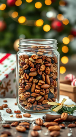 A glass jar filled with nuts and dried fruit sits in front of a Christmas treeの素材