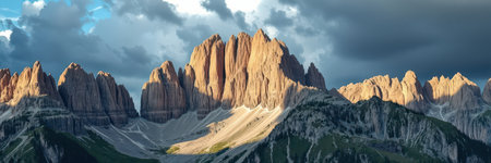 A view of the Tre Cime di Lavaredo mountains in the Italian Dolomites during the eveningの素材