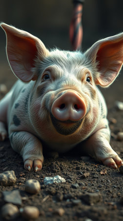 A piglet smiles while laying down in the dirt on a farmの素材