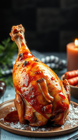 A roasted chicken leg covered in a sweet and savory glaze sits on a plate with a sprinkle of saltの素材