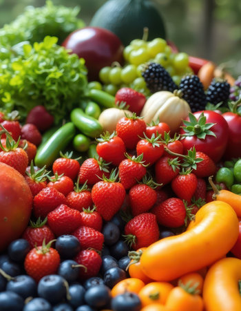 A colorful assortment of fresh fruit and vegetables, including strawberries, blueberries, cucumbers, and peppers, sits on a table in the sunshineの素材