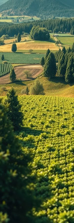 A rolling hillside in the countryside is covered in lush green cropsの素材