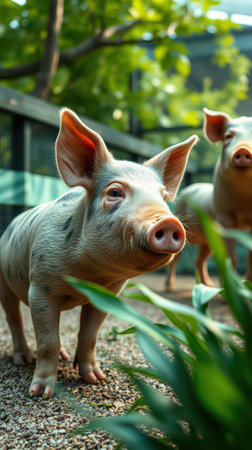 A pig walks on gravel near lush green plants, looking toward the cameraの素材