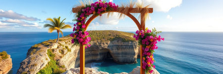 A floral wedding arch stands on a cliff overlooking the ocean, ready for a ceremony on a sunny dayの素材