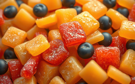A close-up of colorful, square-shaped candies mixed with blueberriesの素材