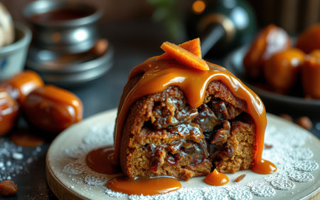 A close-up of a delicious date cake topped with caramel sauceの素材