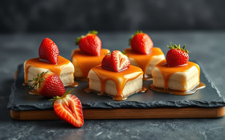 Small cakes topped with strawberries and caramel sauce are arranged on a black slate platterの素材