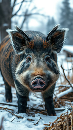 A wild pig stands in the snow looking directly at the cameraの素材