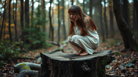 A woman sits on a tree stump in a forest, her head resting in her handsの素材