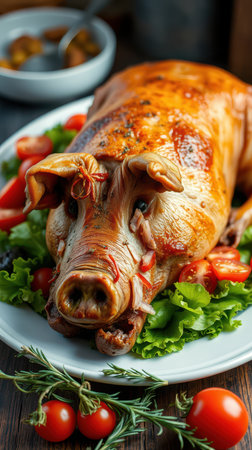 A roasted piglet sits on a bed of lettuce, garnished with tomatoes and rosemaryの素材