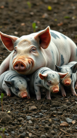 A mother pig and her piglets stand in the dirt and look downの素材
