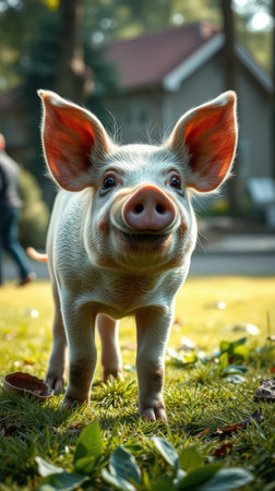 A piglet stands in a grassy field, looking directly at the camera with a curious expressionの素材