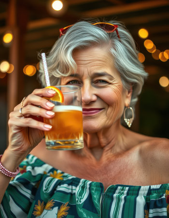A woman with short gray hair smiles while holding a glass of orange juice with a straw, enjoying a warm evening outdoorsの素材