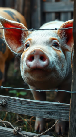 A pig looks inquisitively through a fence on a farmの素材